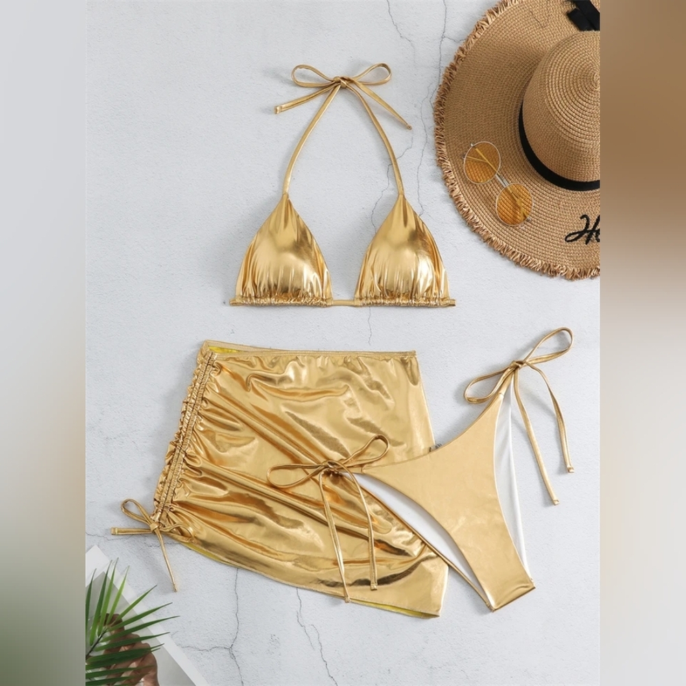 Gold 3 piece bikini swimsuit set